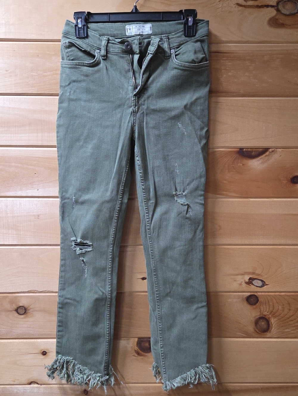 We The Free Great Heights Olive Green Distressed Cropped Jeans with Fringe Hem